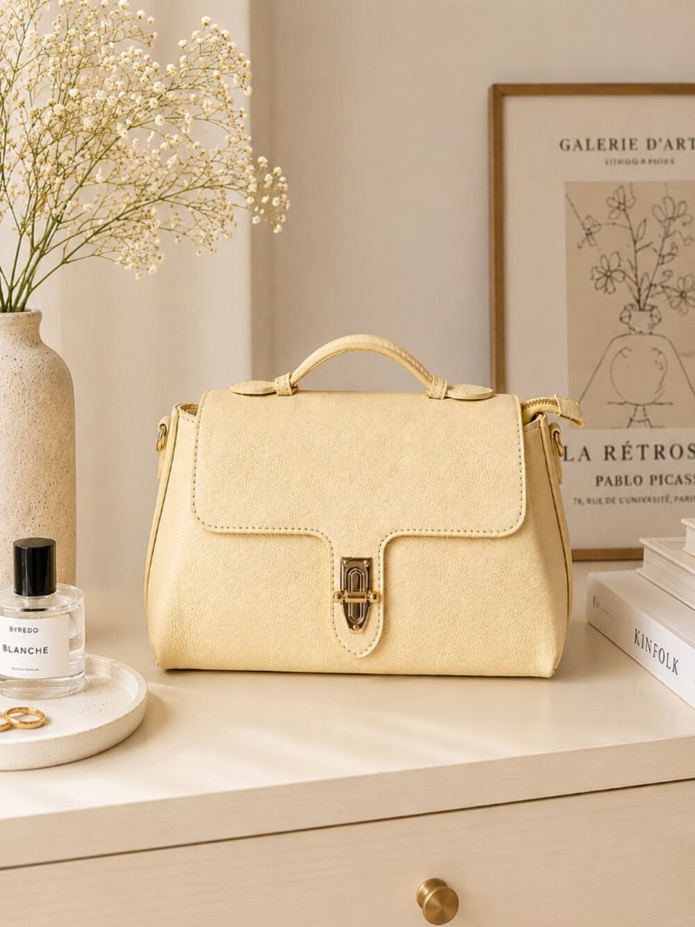 Italian Leather Structured Top Handle Satchel, Butter Yellow Crossbody Bag